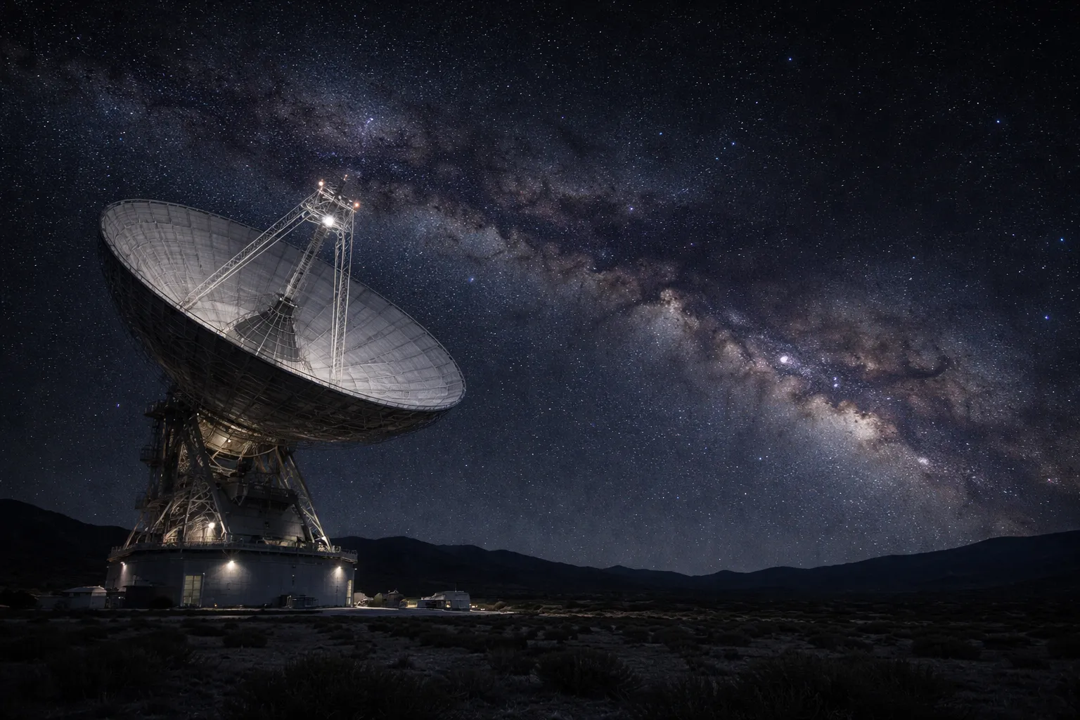 A radio telescope listening beneath the Milky Way, representing our search for extraterrestrial signals.