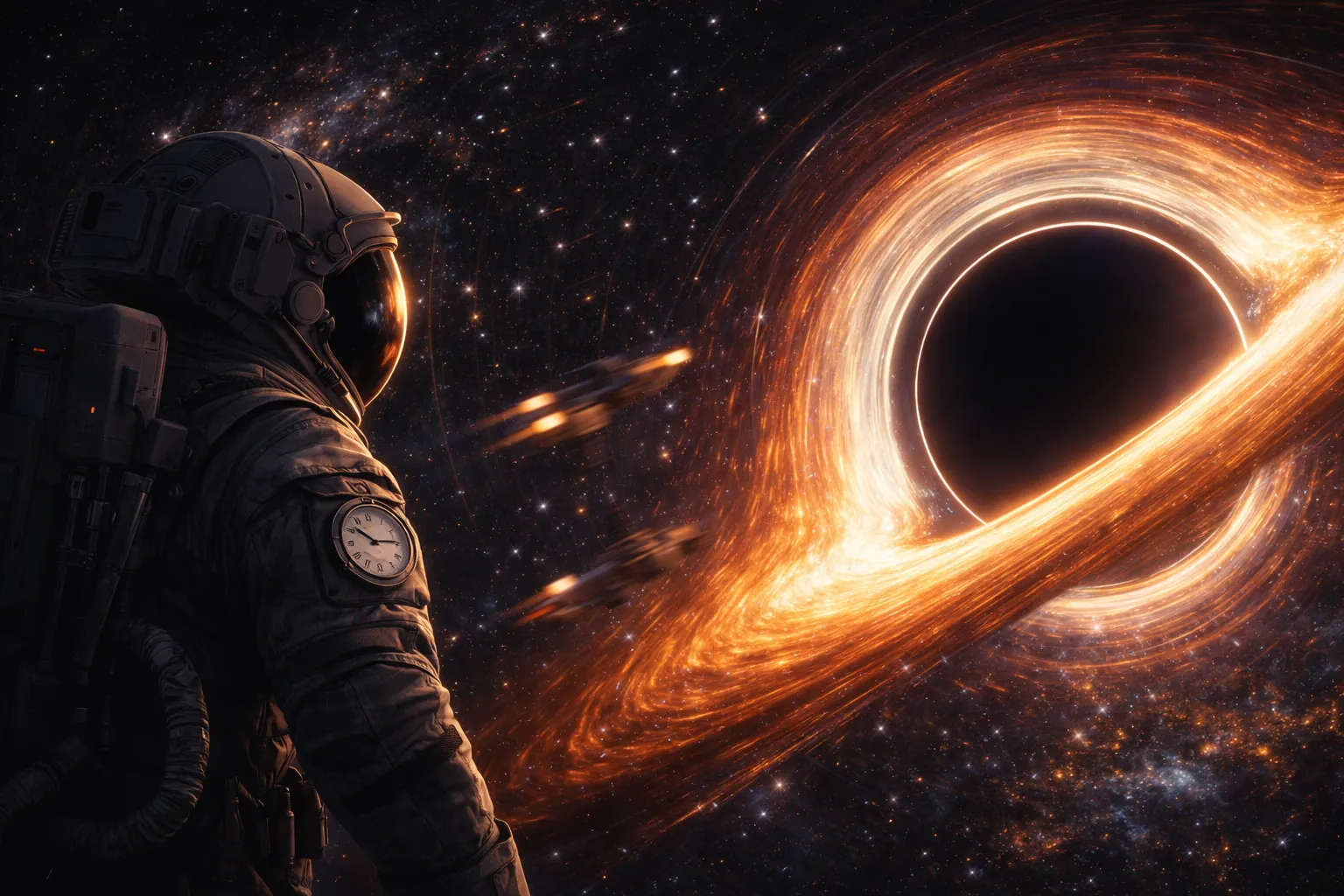 An astronaut looking toward a black hole, echoing the observer perspective described in gravitational time dilation.