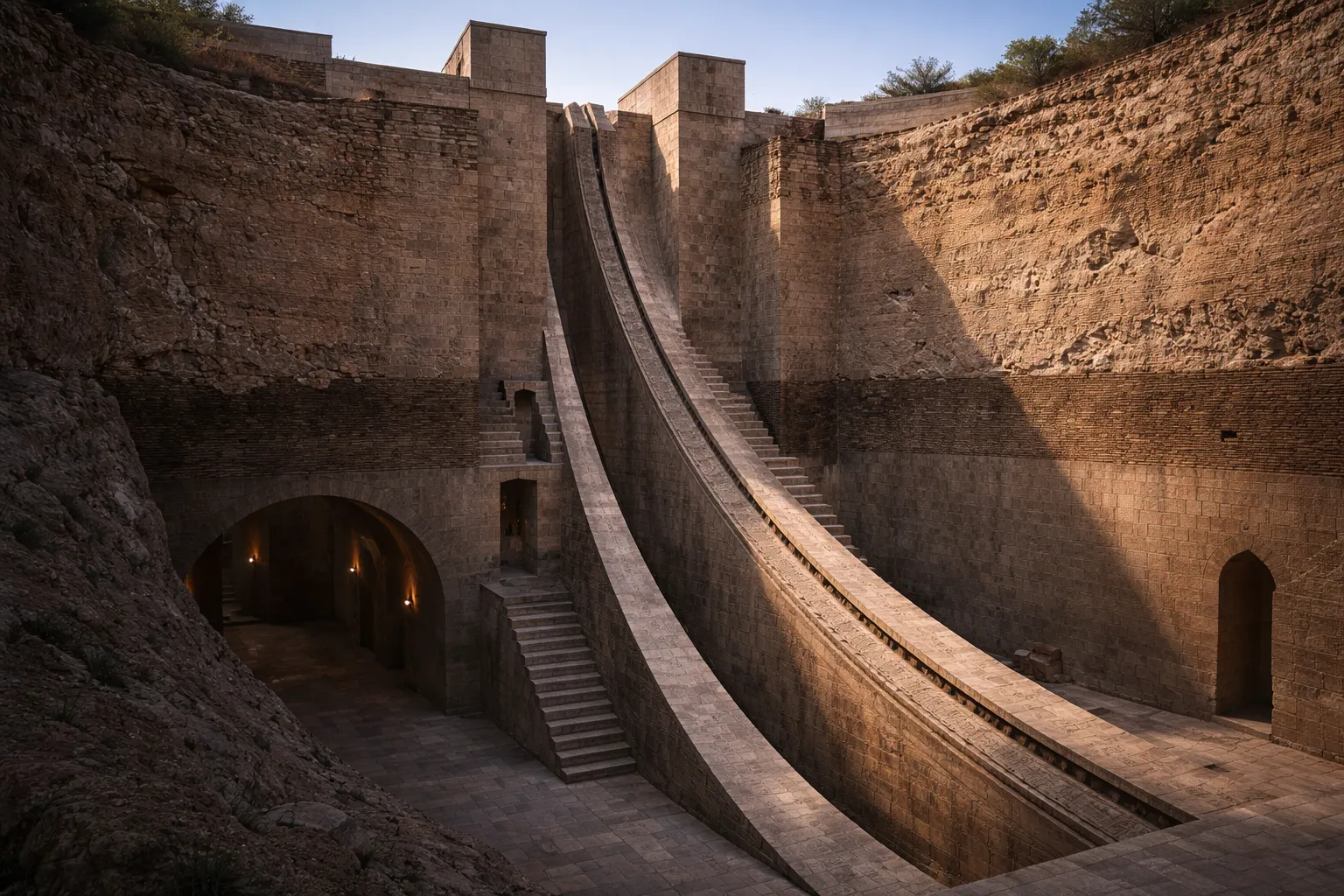The ruins of Ulugh Beg's Samarkand Observatory, where the great meridian arc was cut into the hillside.