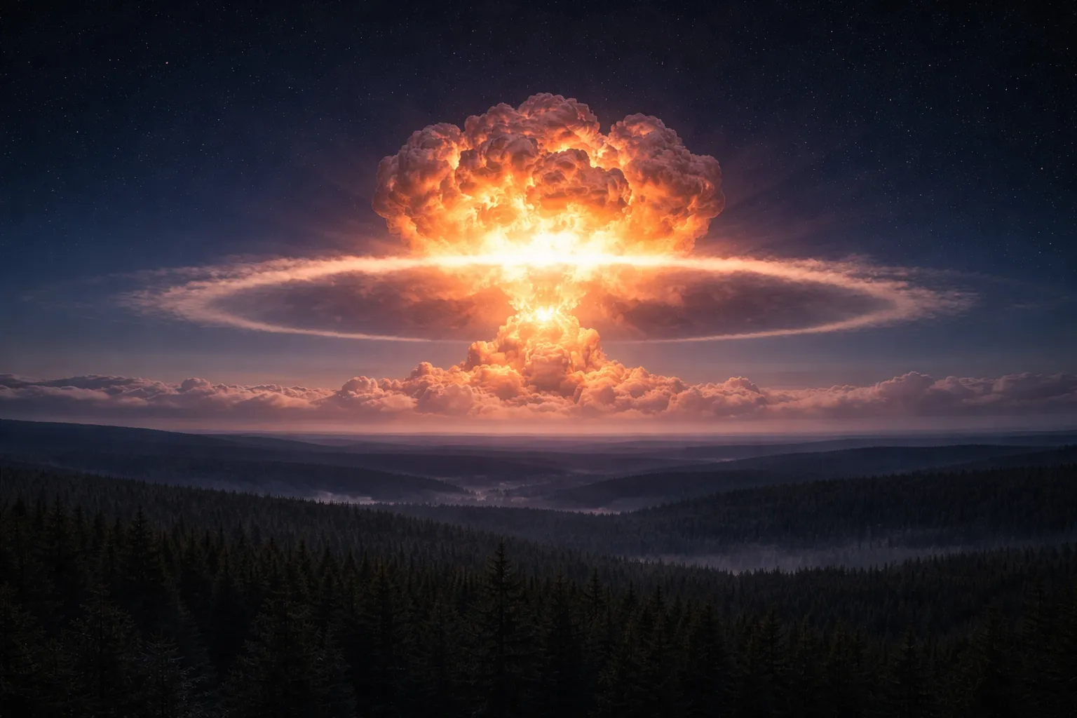 The Tunguska region in Siberia, showing the vast area of flattened trees in a radial pattern from the explosion centre.