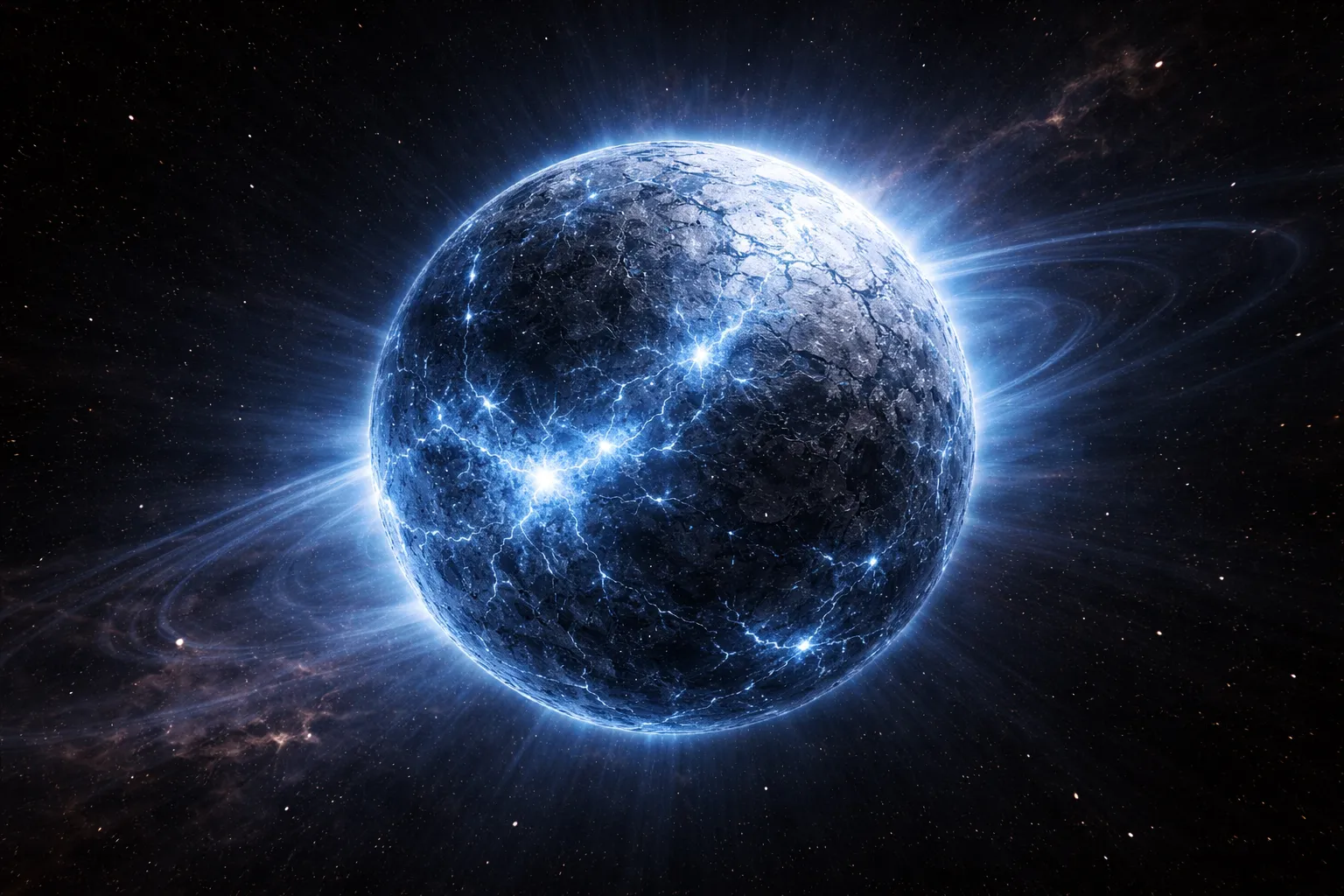 A neutron star pulsar beaming radiation like a lighthouse, spinning hundreds of times per second.