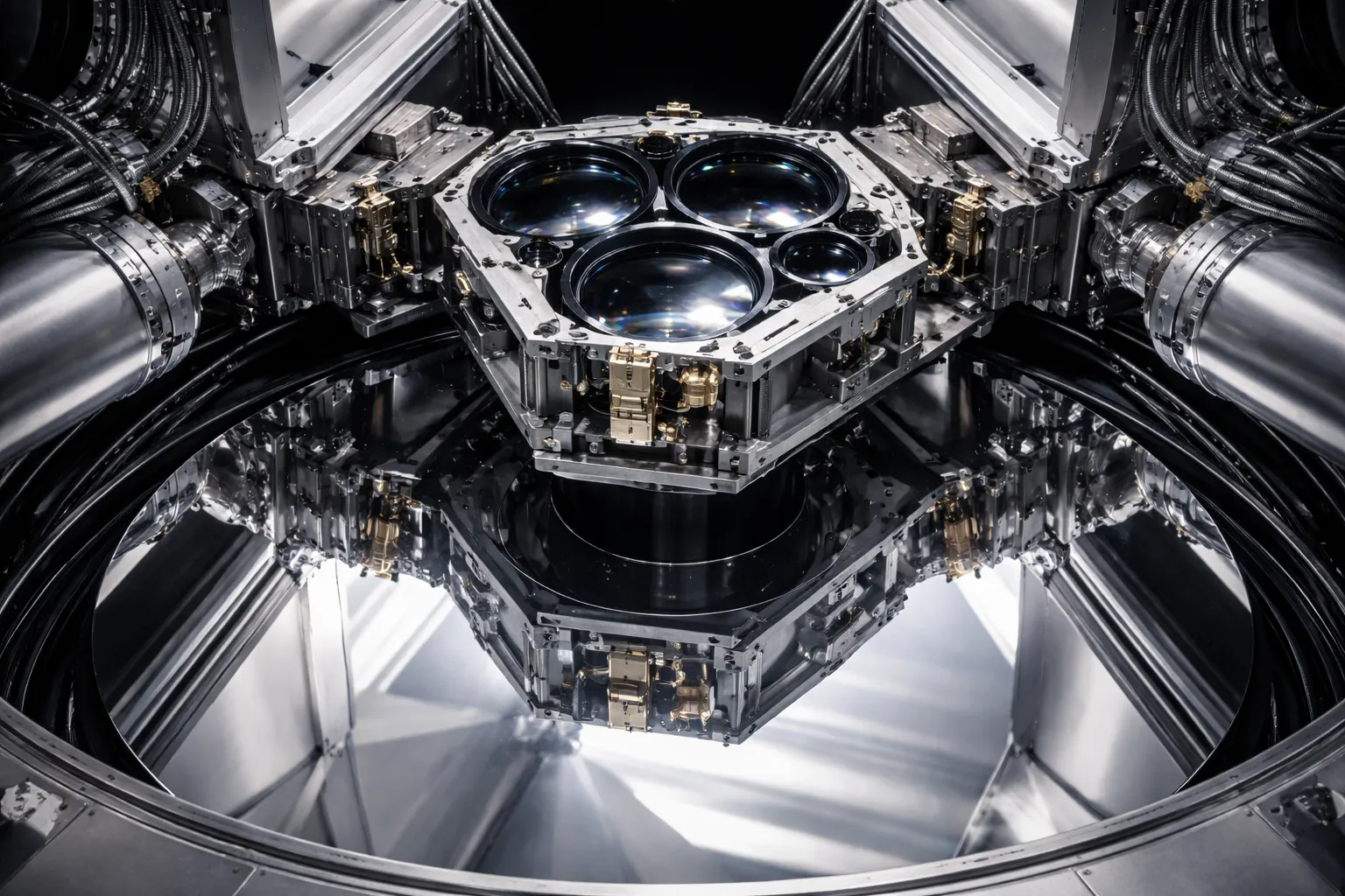 Astronauts servicing the Hubble Space Telescope during the 1993 shuttle mission, installing corrective optics.