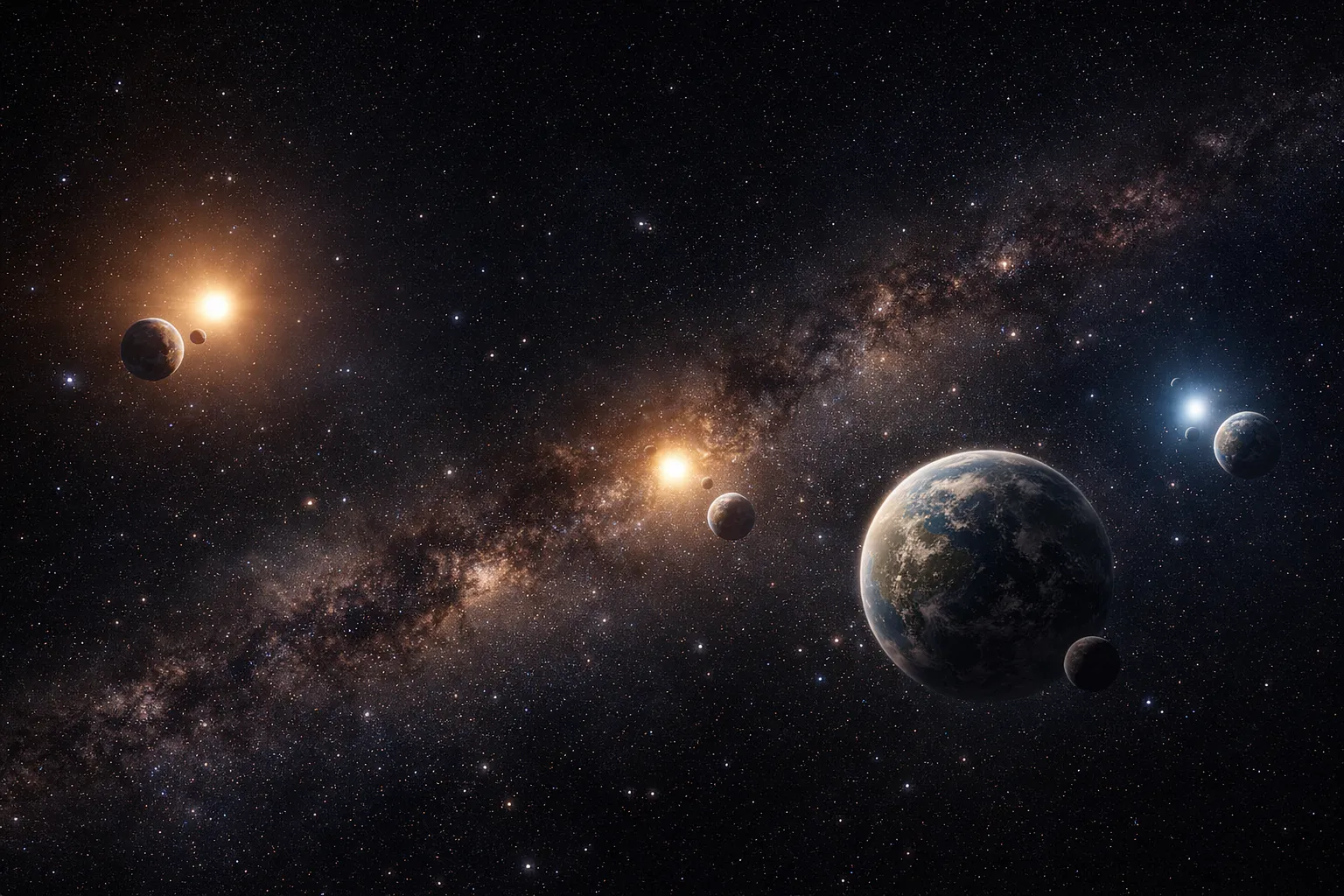 A planetary system around distant stars, evoking the many worlds that could potentially host life.