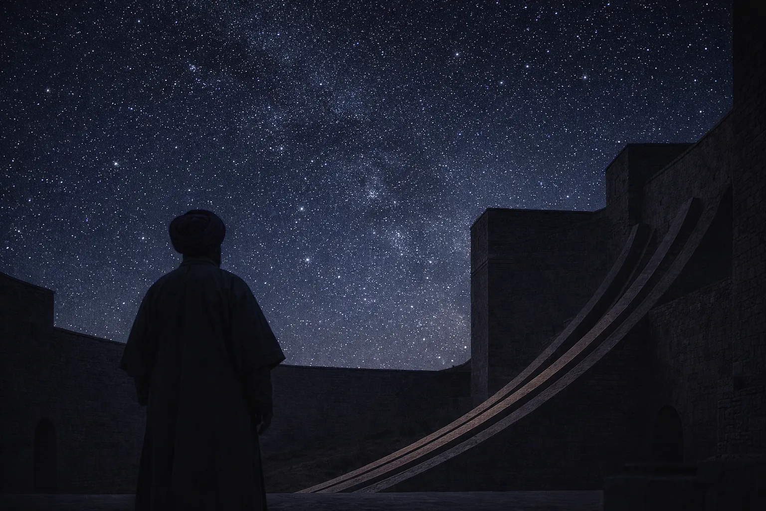 Scholars at Ulugh Beg's observatory measuring star positions with geometric instruments.