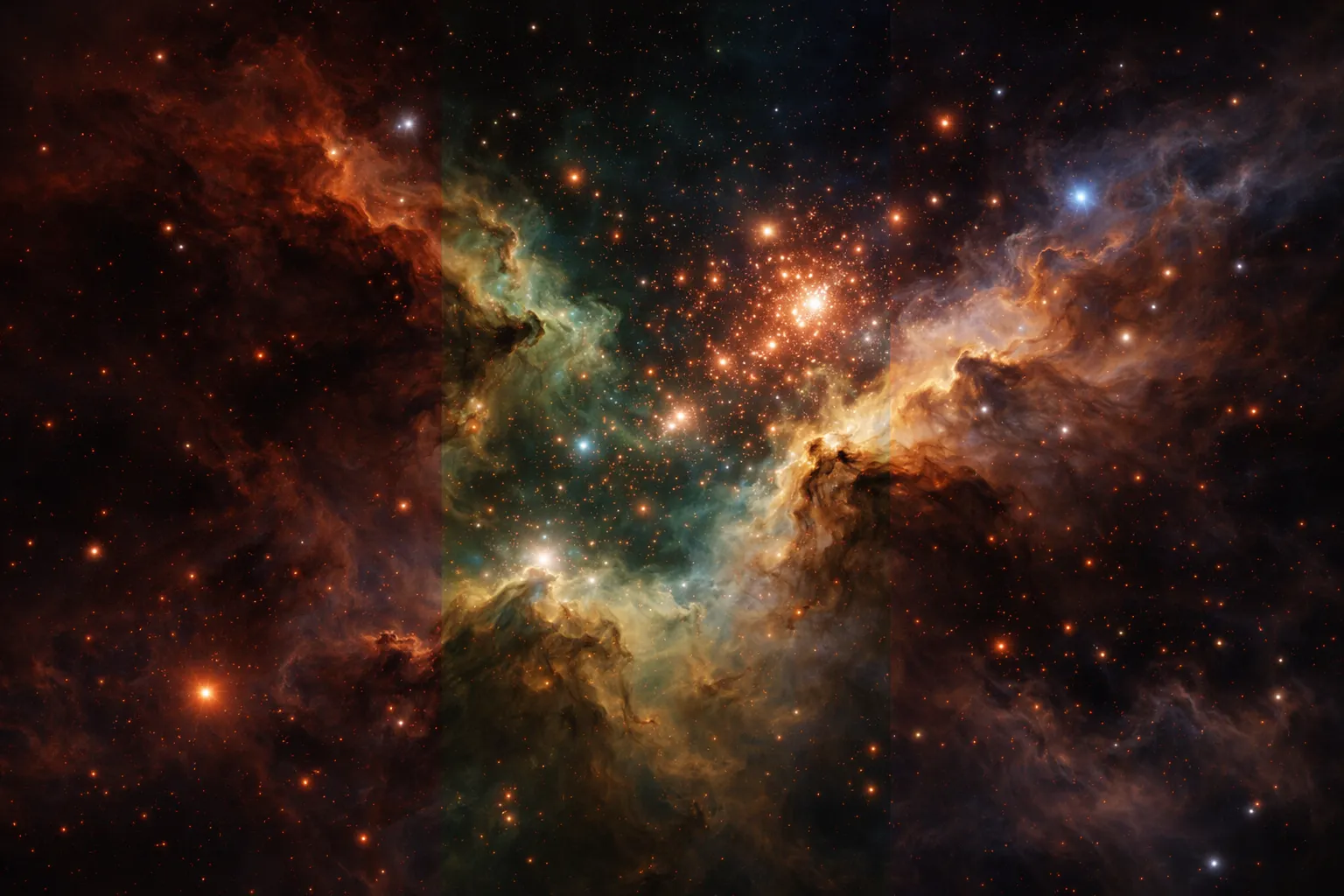 Side-by-side comparison of infrared and visible light views of the same stellar region.