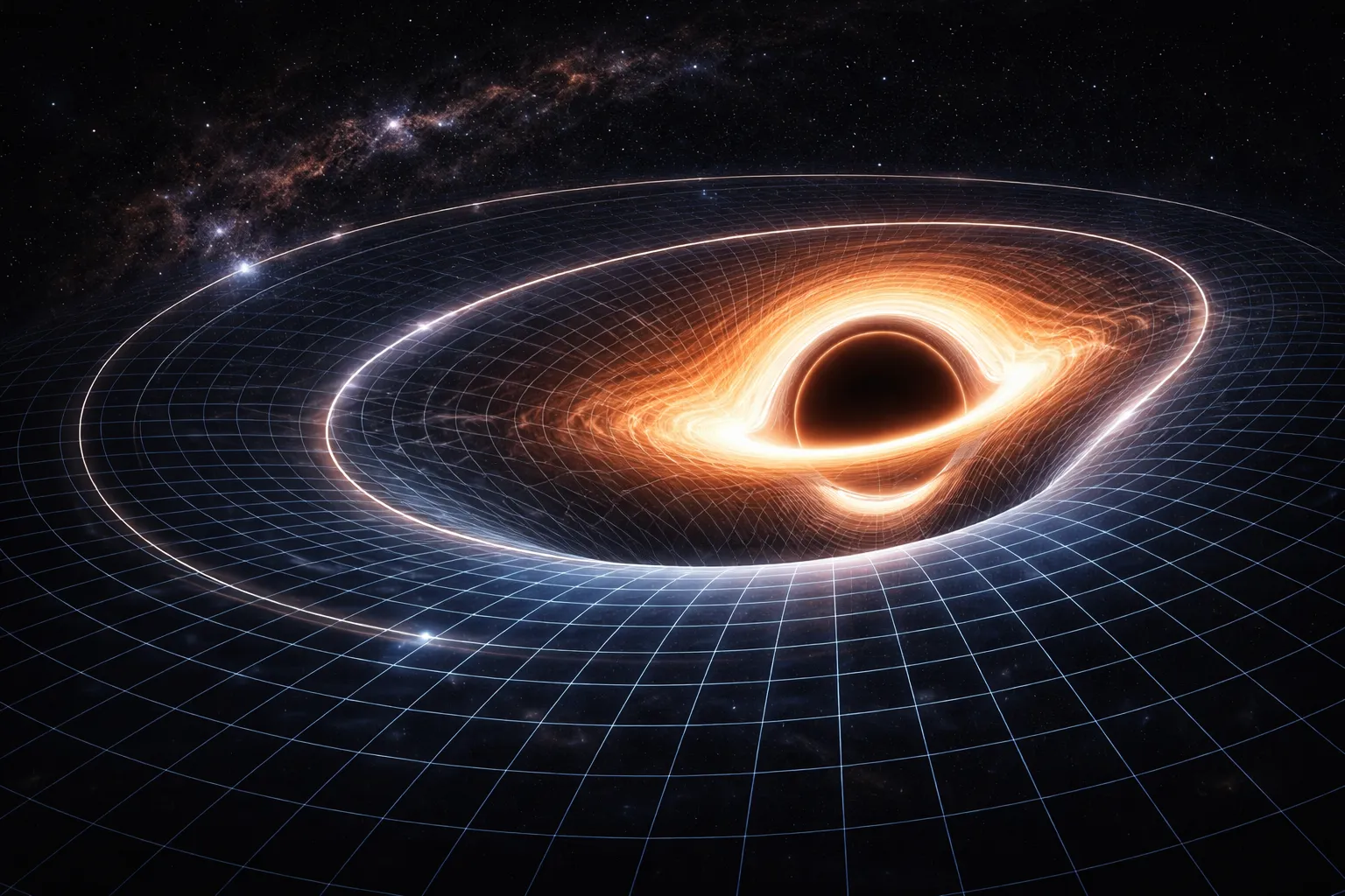 A black hole drawn against a warped spacetime grid, visualizing how gravity bends geometry and time.