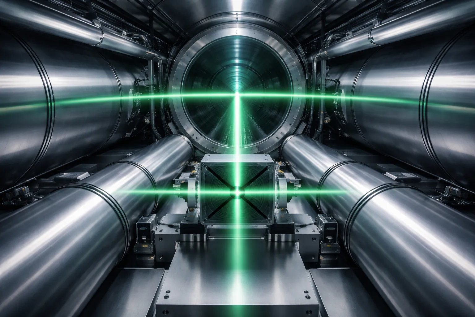 A diagram showing laser beams inside LIGO measuring the almost-impossible small distortion of spacetime.