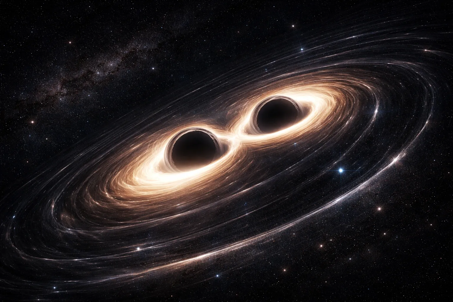 Visualization of two black holes spiraling and merging, generating the gravitational wave signal GW150914.