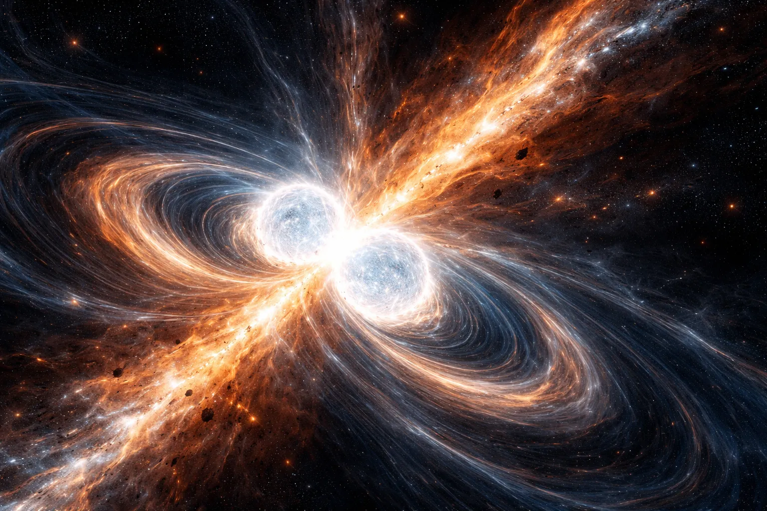 Two neutron stars spiraling together before merging, producing gravitational waves and heavy elements.