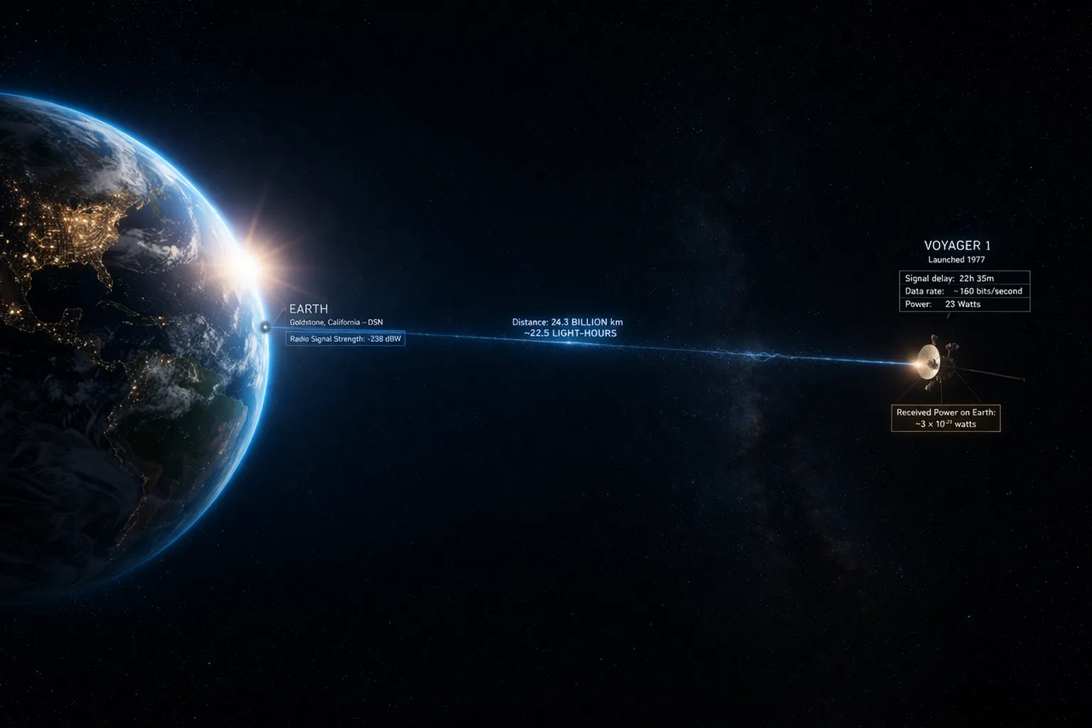 A visualization of the immense distance between Earth and Voyager 1 in interstellar space.